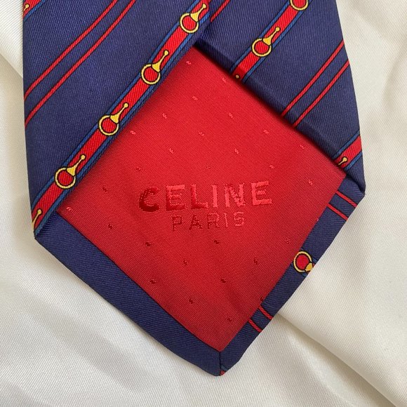 Celine Paris blue red stripped silk luxury men's neck tie - Picture 4 of 9